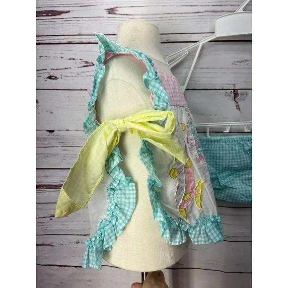 Broadway Kids Aqua Pink Gingham Smock Fish Tie Side Size 18 Months Two Piece Set - Picture 4 of 9